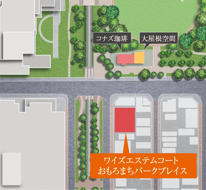 大屋根空間と飲食店（コナズ珈琲） ワイズエステムコートおもろまちパークプレイス